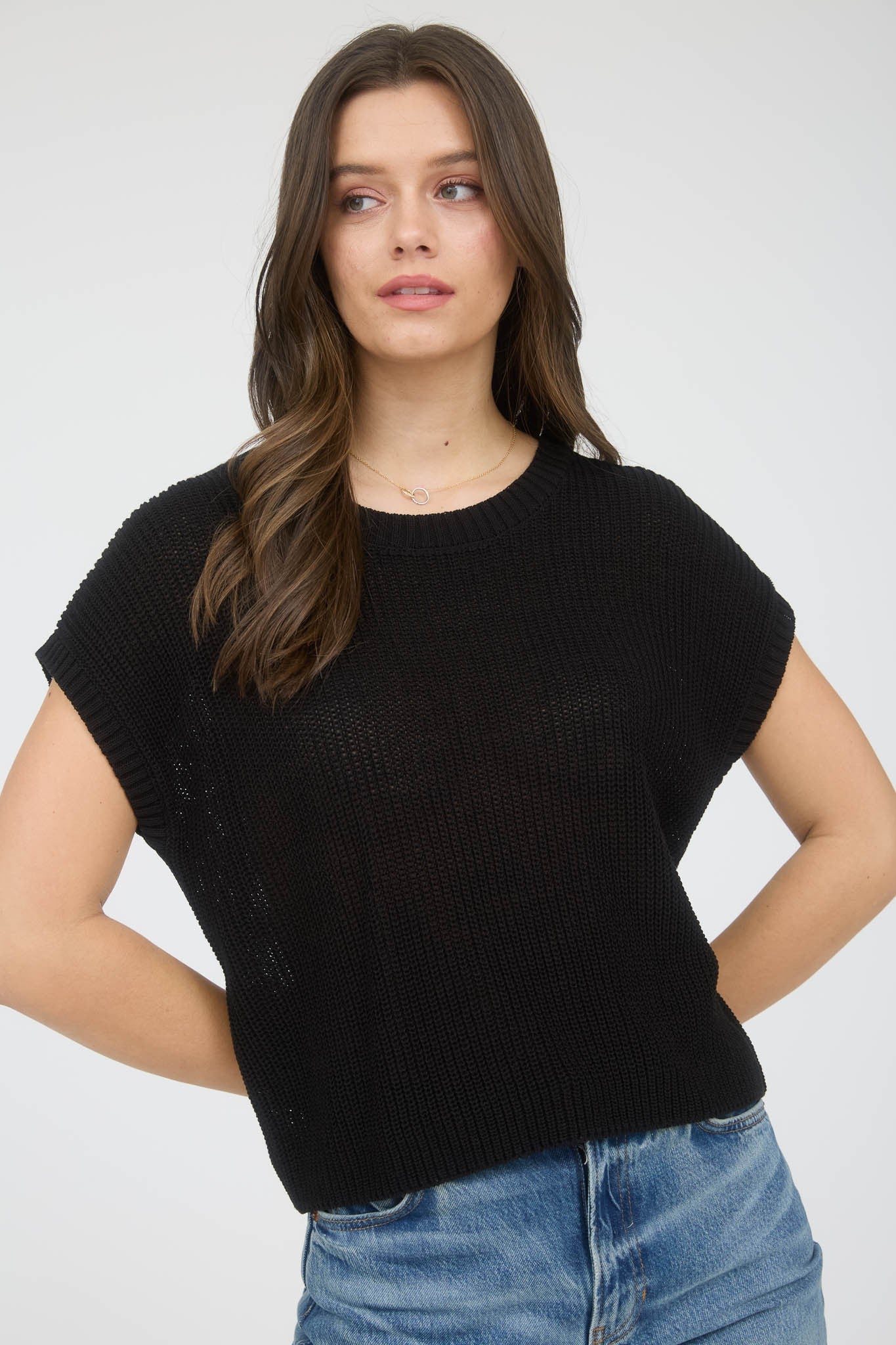 Riley Crew Neck Short Sleeve Crochet Knit Pullover