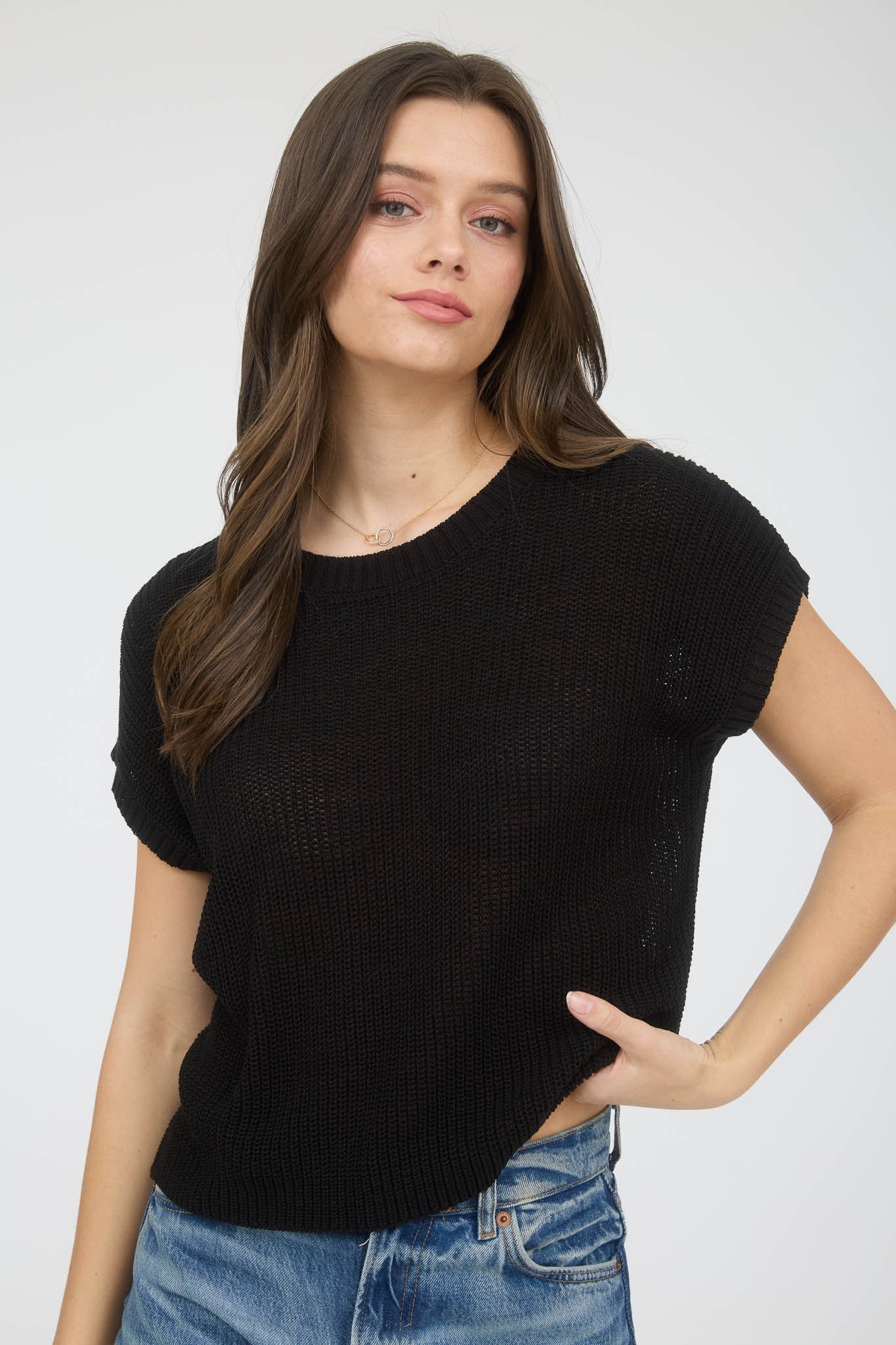Riley Crew Neck Short Sleeve Crochet Knit Pullover