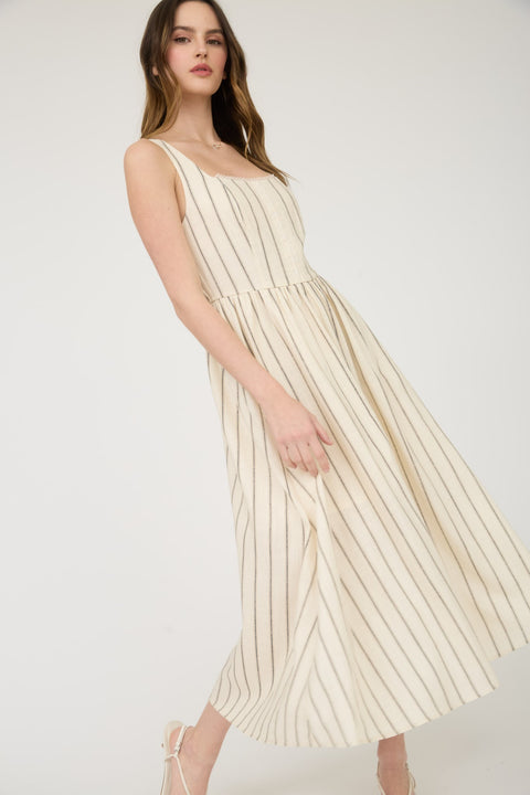 Ross Stripe Front Hook Lace Trim Sleeveless Midi Dress
