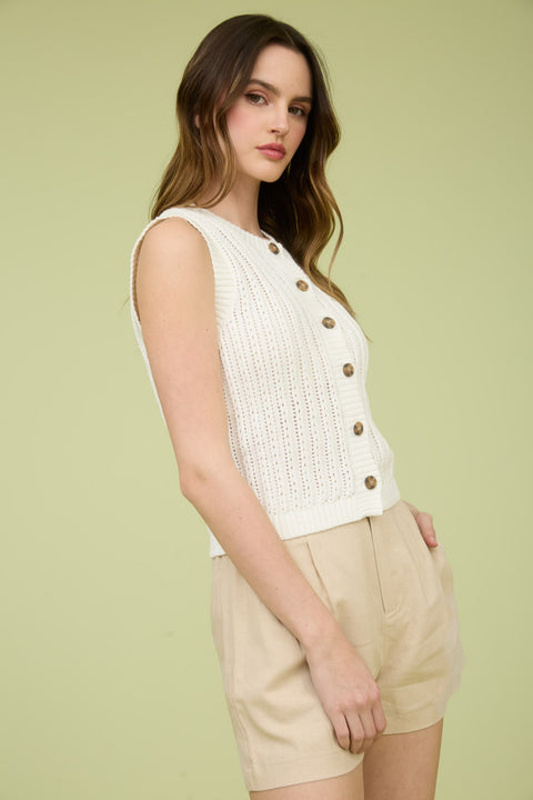Reese Crew Neck Button Down Sleeveless Knit Vest