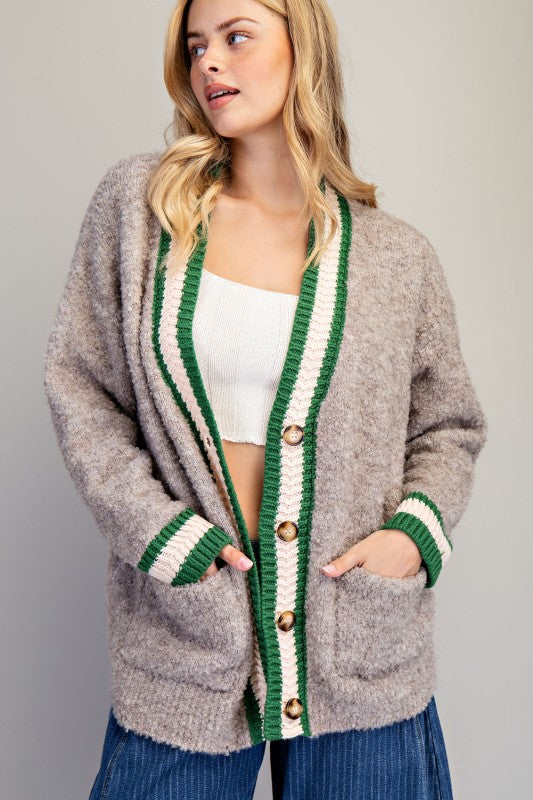 Mocha Mousse Trim Button Down Preppy Cardigan