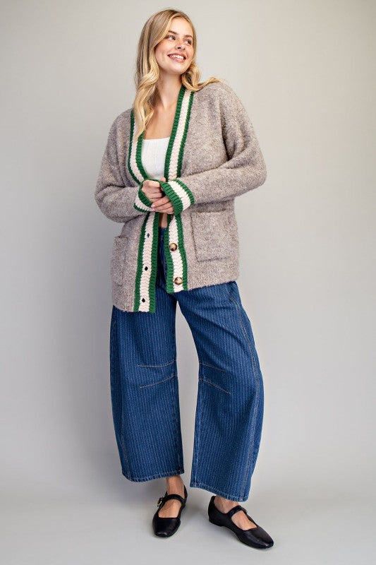 Mocha Mousse Trim Button Down Preppy Cardigan