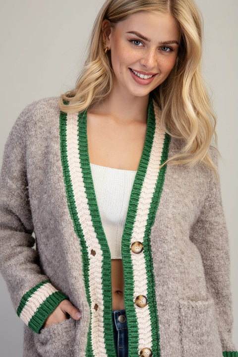 Mocha Mousse Trim Button Down Preppy Cardigan