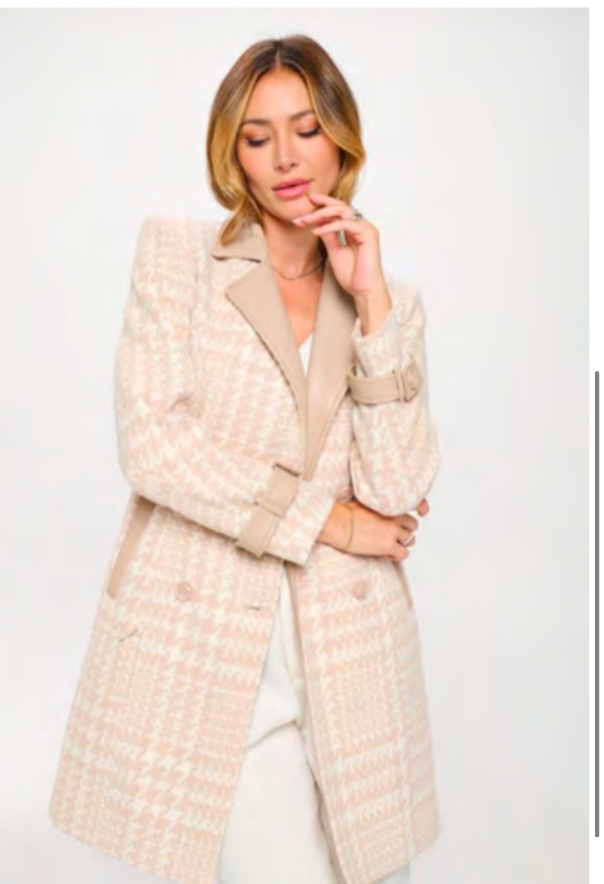 Tia Mid Length Houndstooth Vegan Wool Coat with Vegan Leather Details