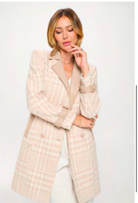 Tia Mid Length Houndstooth Vegan Wool Coat with Vegan Leather Details