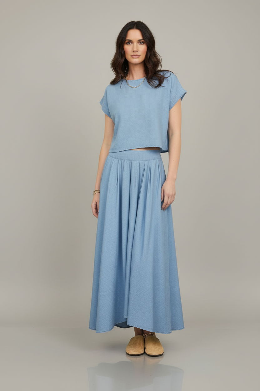 Lola Chambray Pleated Midi Skirt & Boat Neck Boxy Top Set