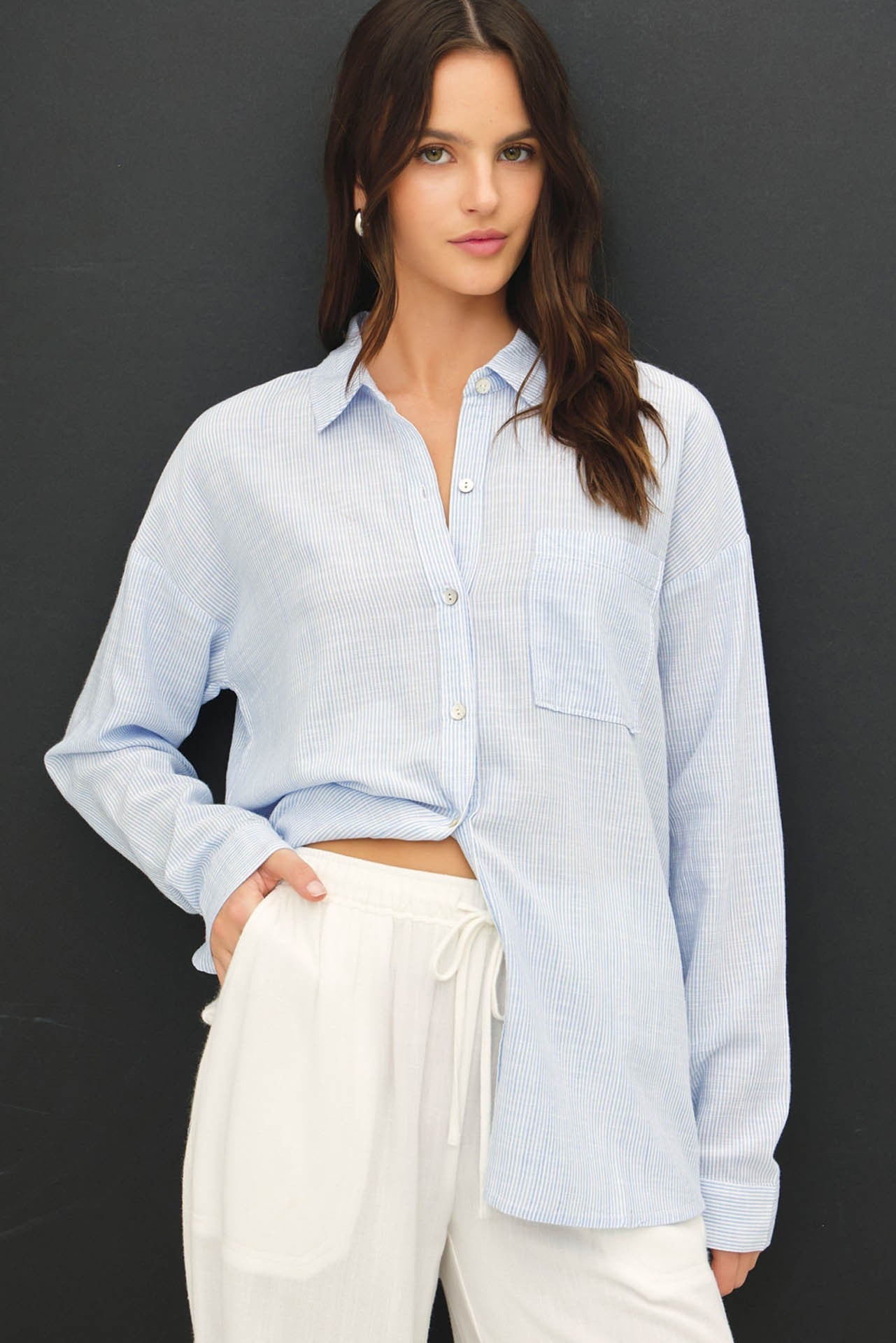Hazel Hairline Stripe Button Down Drop Shoulder Shirt