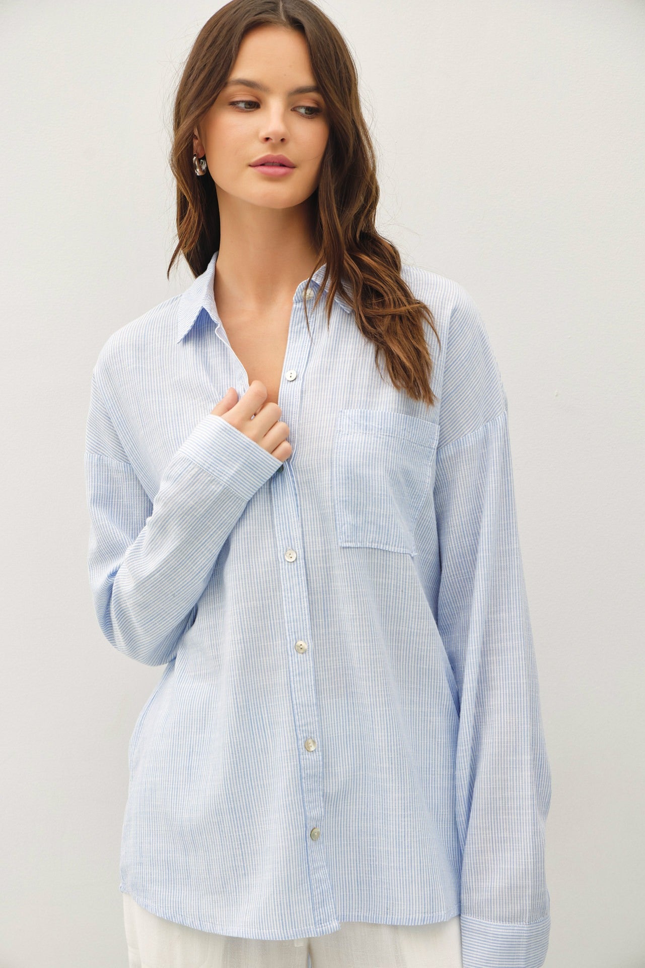 Hazel Hairline Stripe Button Down Drop Shoulder Shirt