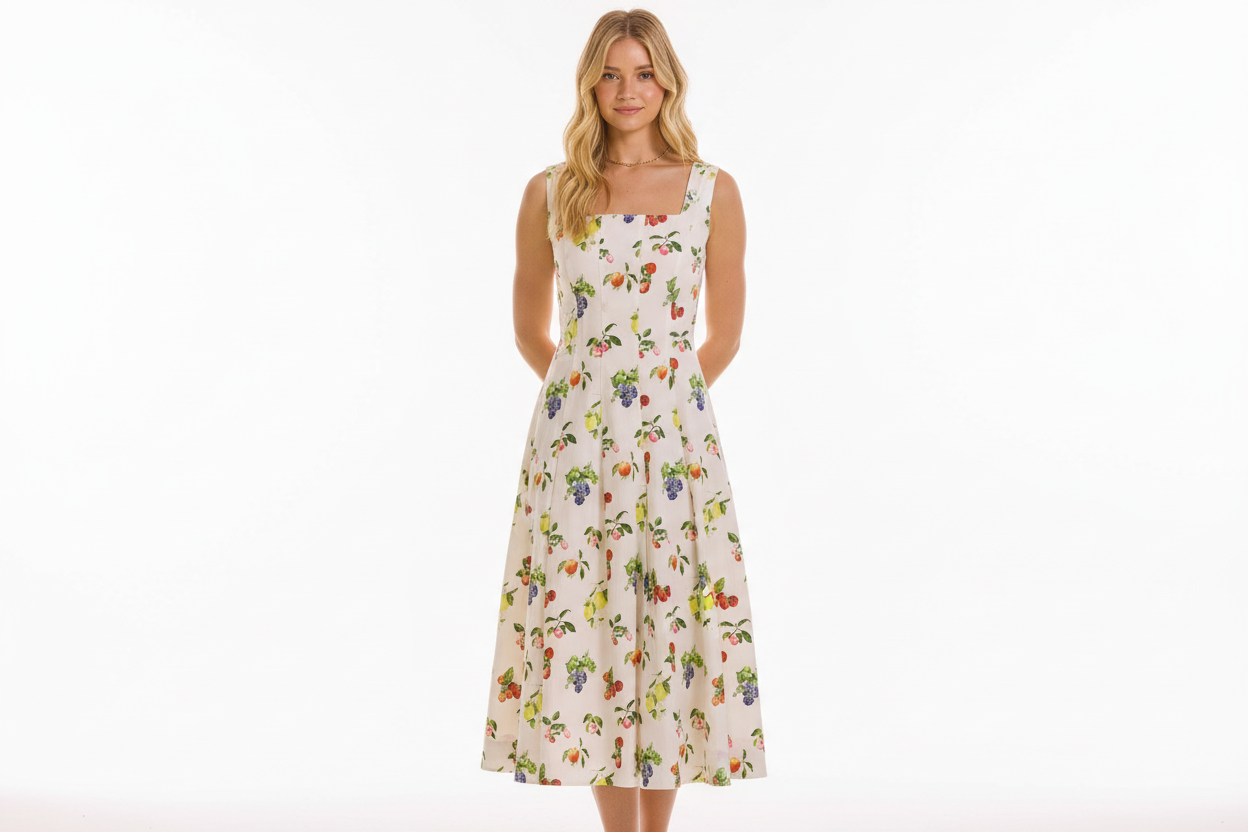 Eva Fruit Print Panelled Midi Dress