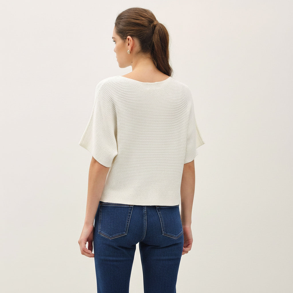 Asha Boxy Cropped Horizontal Ribbed Dolman Sweater Top