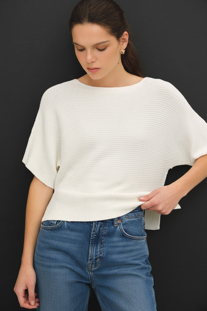 Asha Boxy Cropped Horizontal Ribbed Dolman Sweater Top