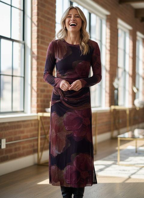 Gustava Crew Neck Long Sleeve Floral Mesh Maxi Dress