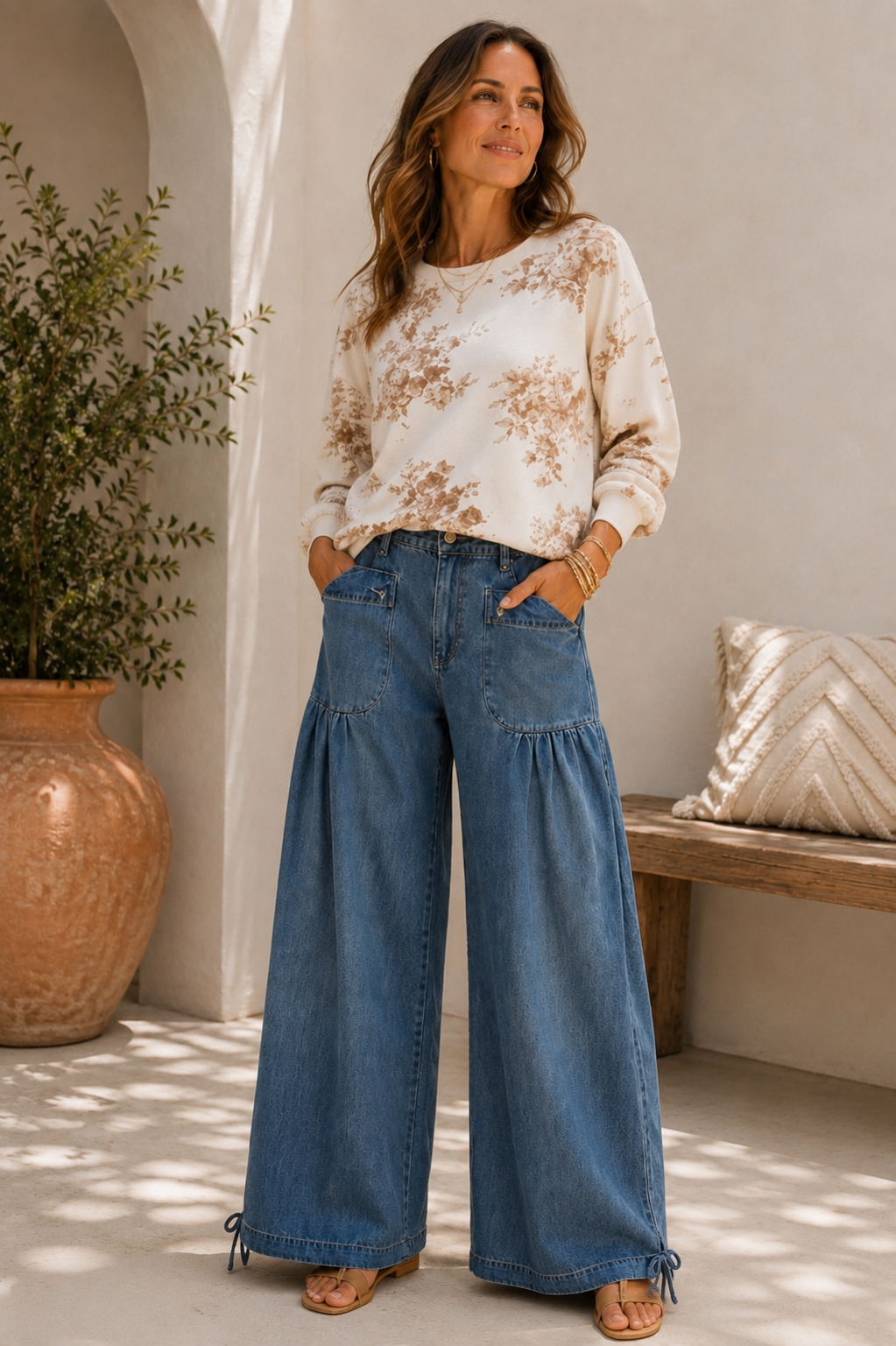 Avena Floral Toile Long Sleeve Crew Neck Knit Top
