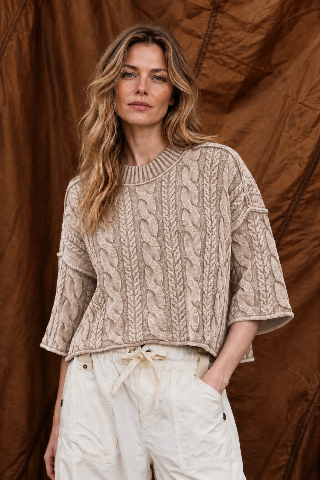 Dea Cropped Cable Knit Rolled Turtleneck Sweater