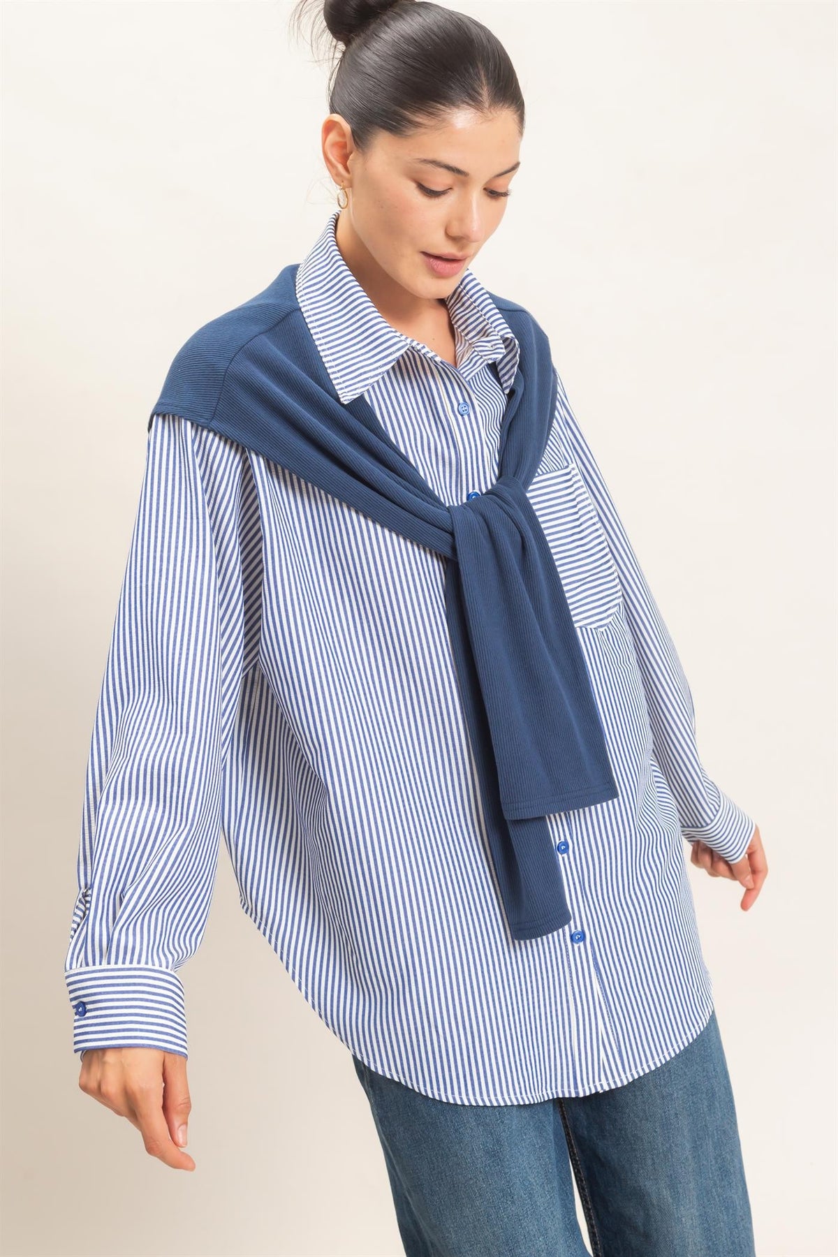 Levy striped Button-up Shirt With Faux Tie
