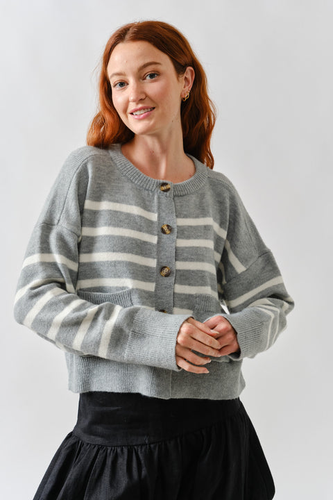 Reva Striped Crew Neck Button Down Cardigan