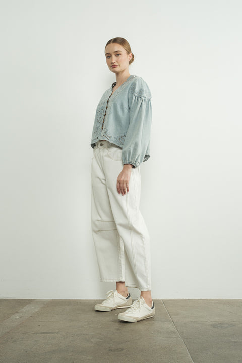 Boho Betty Denim Embroidery Volume Sleeve Top