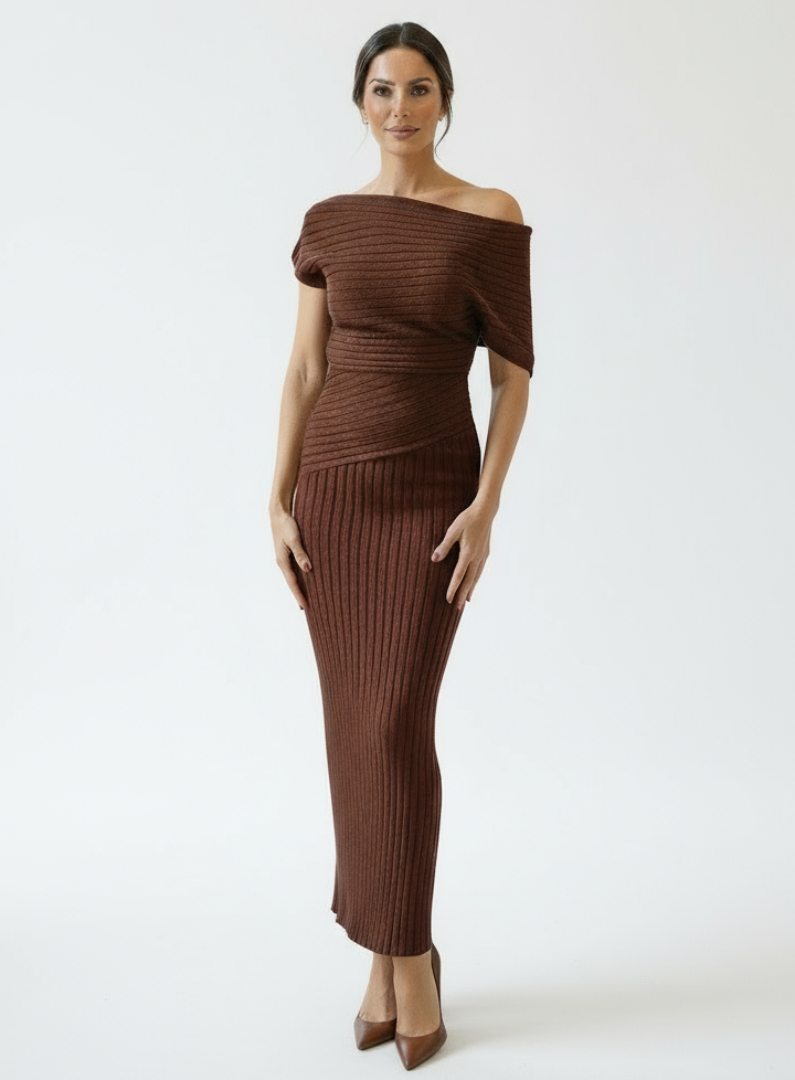 Dalia Pull On Off The Shoulder Ribbed Knit Midi Dress