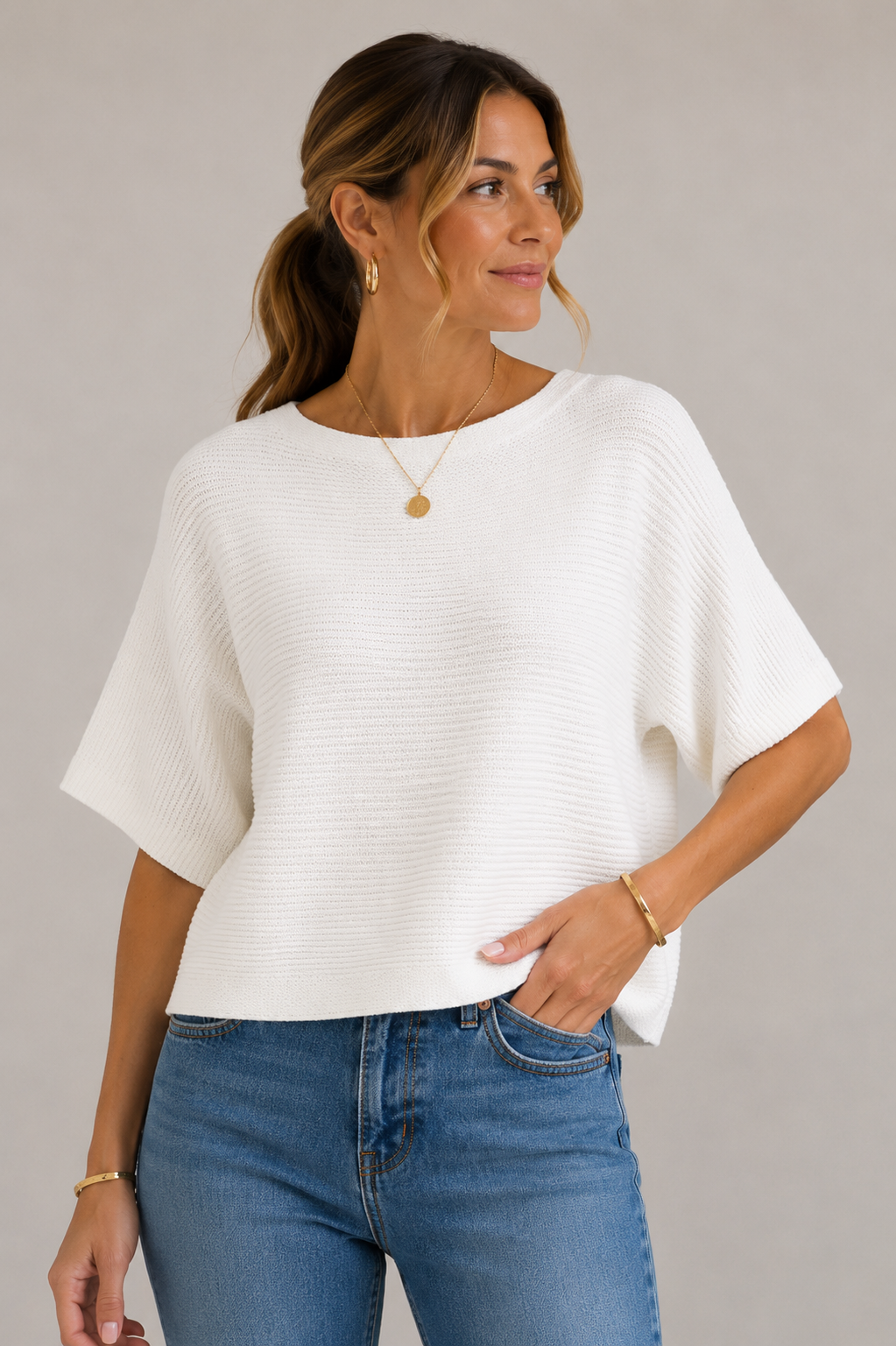 Asha Boxy Cropped Horizontal Ribbed Dolman Sweater Top