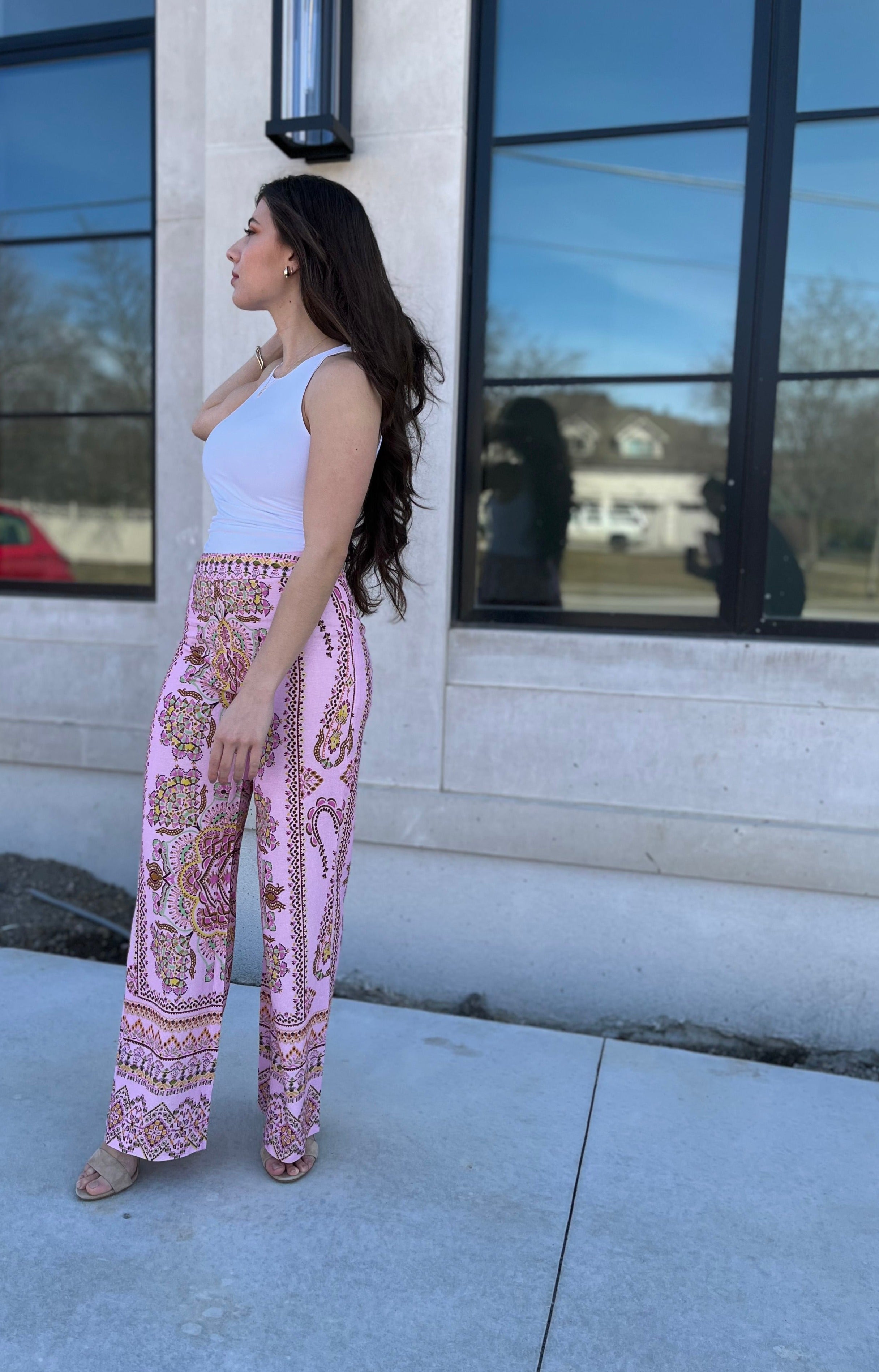 Raquel Border Print Linen Blend High Waist Trousers