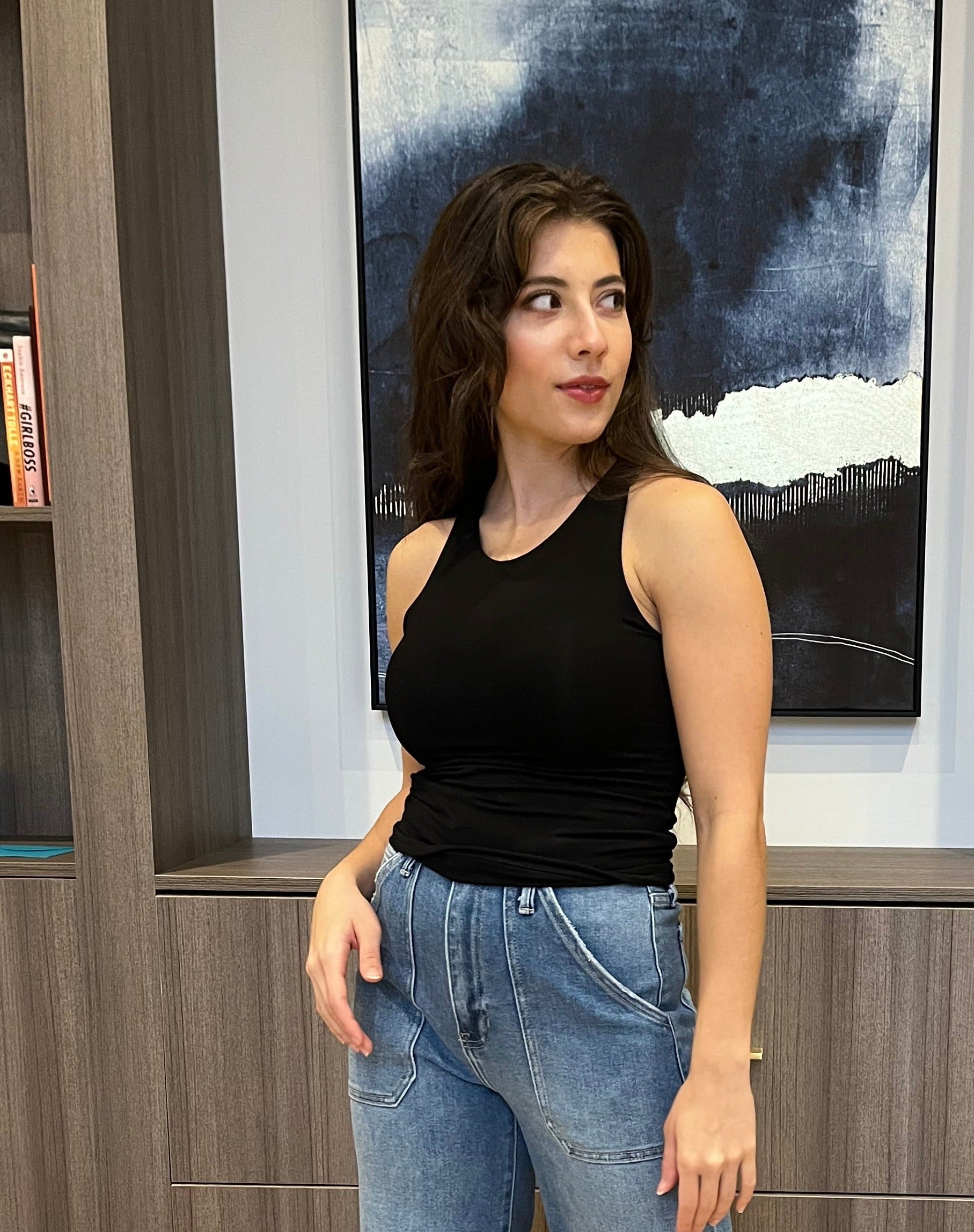 Tiya High Round Neck Full Length Double Layered Knit Tank