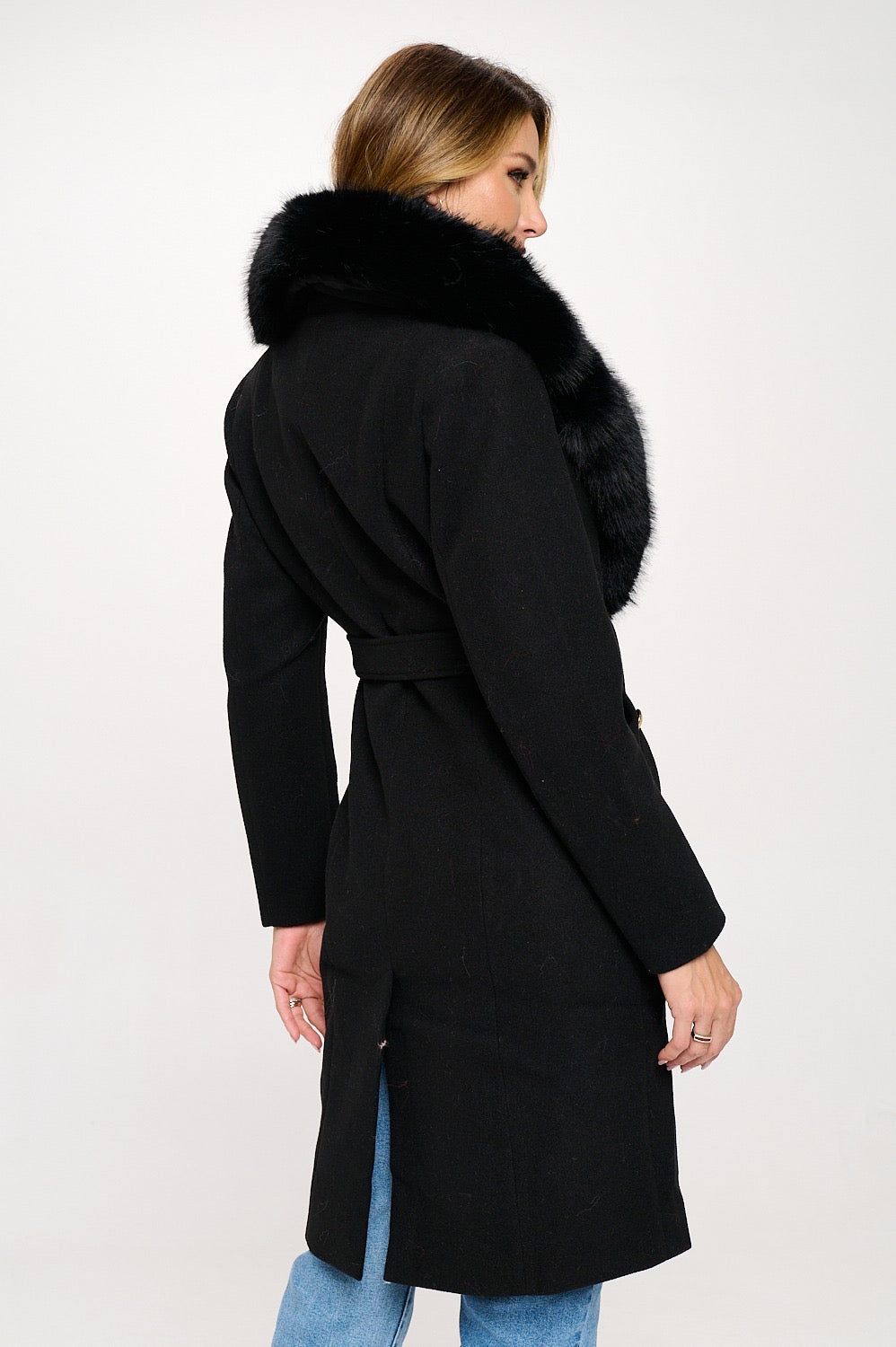 Beatrix Belted Vegan Wool Coat with Removable Fur Cuffs and Collar