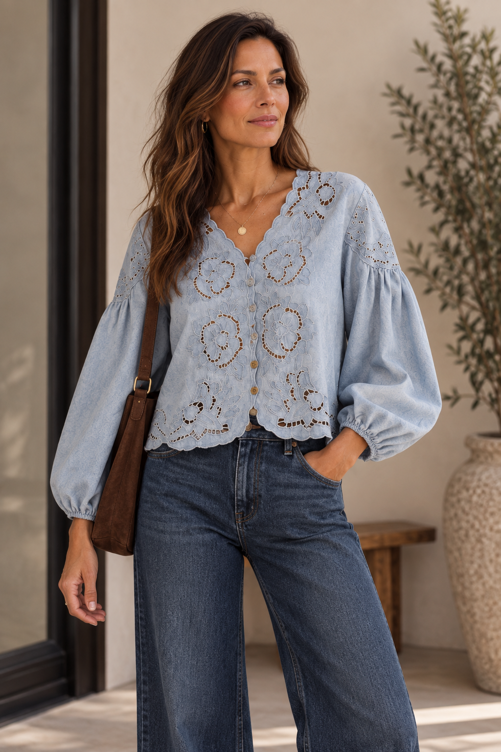 Boho Betty Denim Embroidery Volume Sleeve Top
