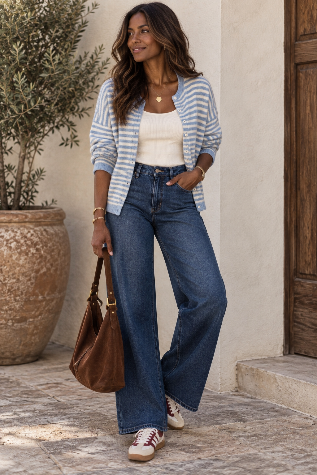 Madira Stripe Raw Edge Drop Shoulder Knit Cardigan