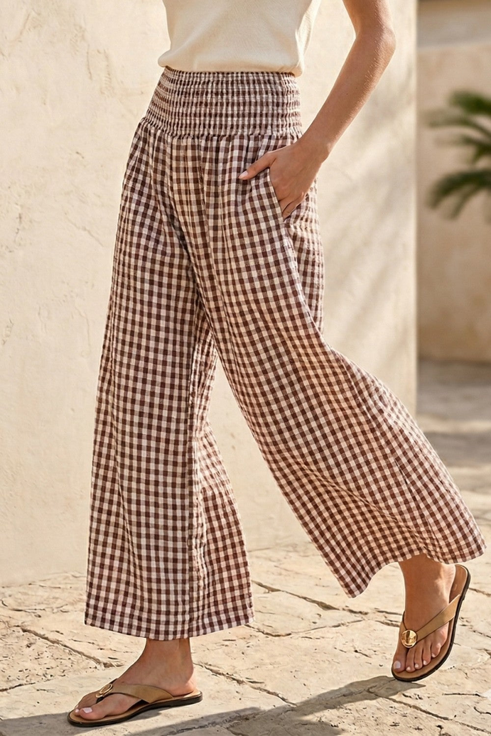 Loretta Gingham Linen Wide Leg Pant