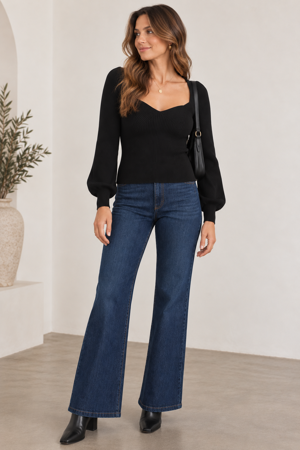 Tina Sweetheart Neck Long Sleeve Knit Sweater