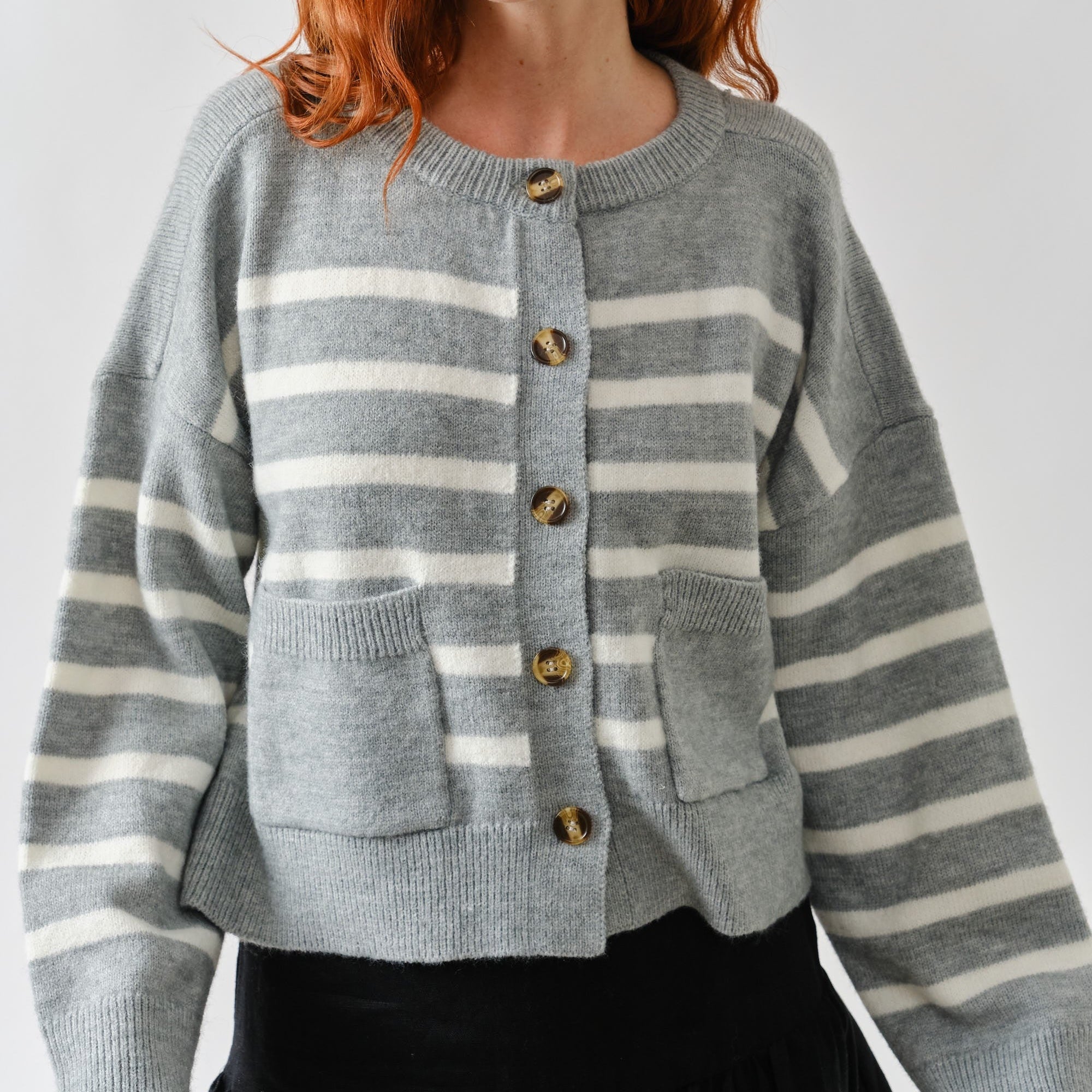 Reva Striped Crew Neck Button Down Cardigan