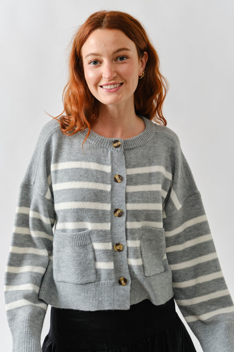 Reva Striped Crew Neck Button Down Cardigan