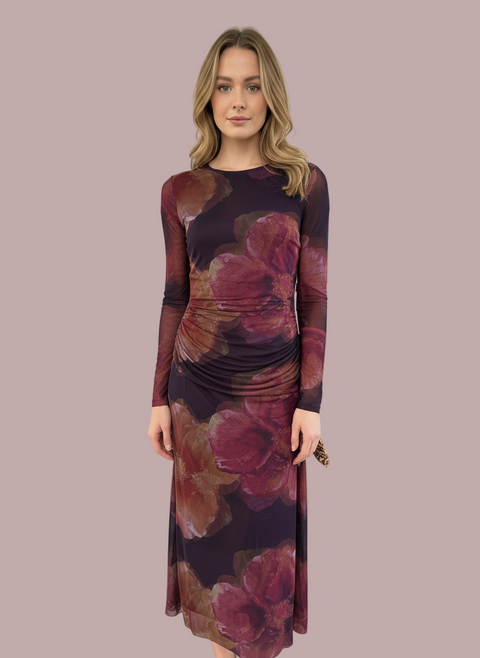 Gustava Crew Neck Long Sleeve Floral Mesh Maxi Dress