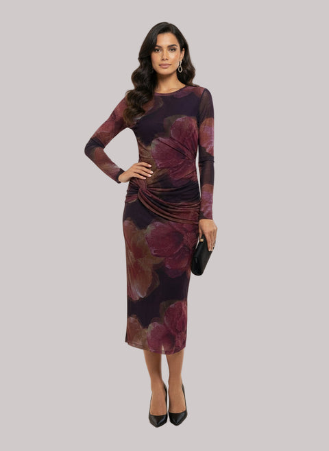 Gustava Crew Neck Long Sleeve Floral Mesh Maxi Dress