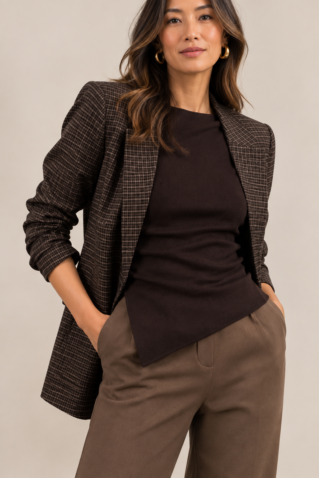 Tori Plaid 3/4 Ruched Sleeve Blazer