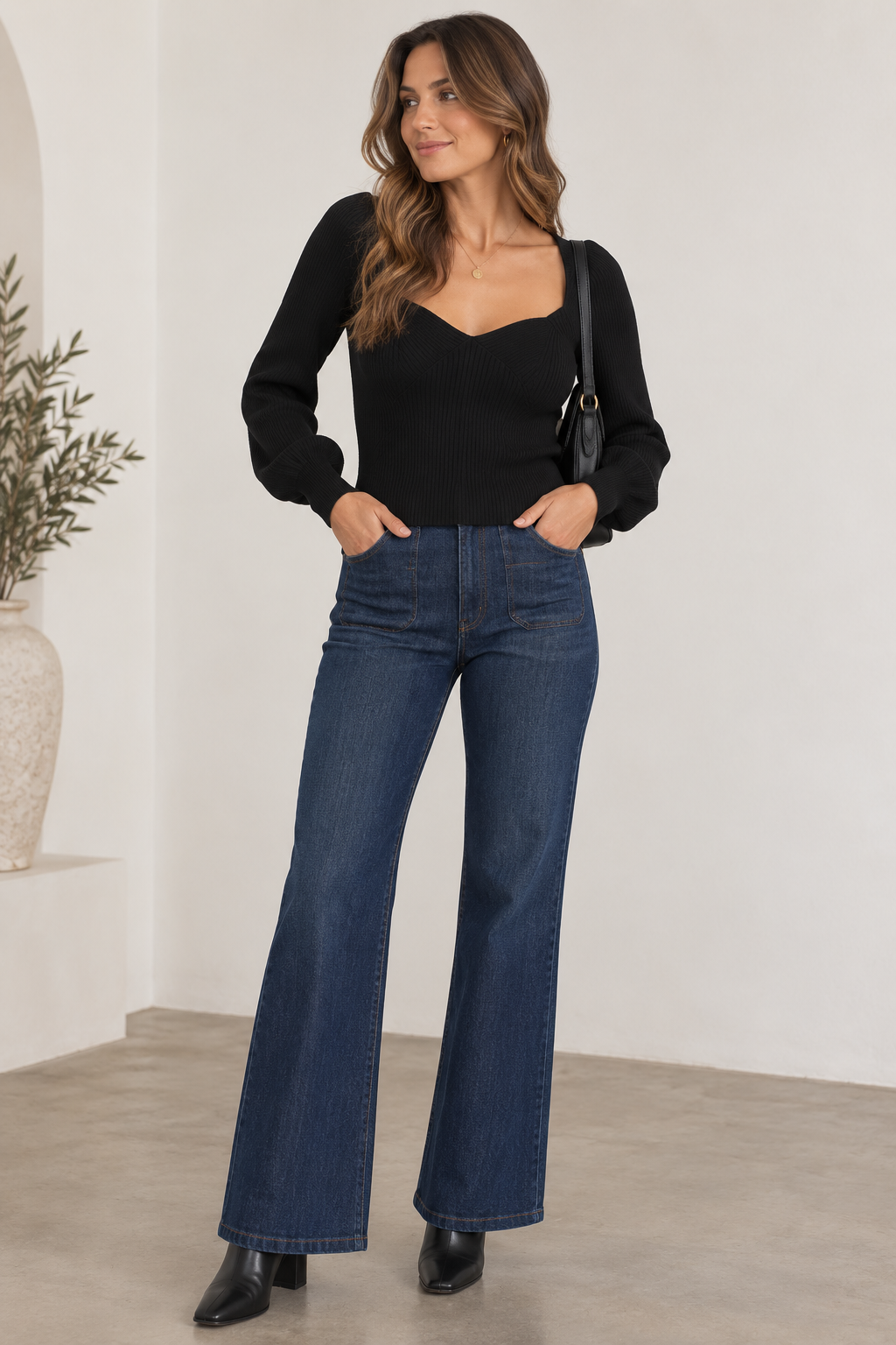 Tina Sweetheart Neck Long Sleeve Knit Sweater