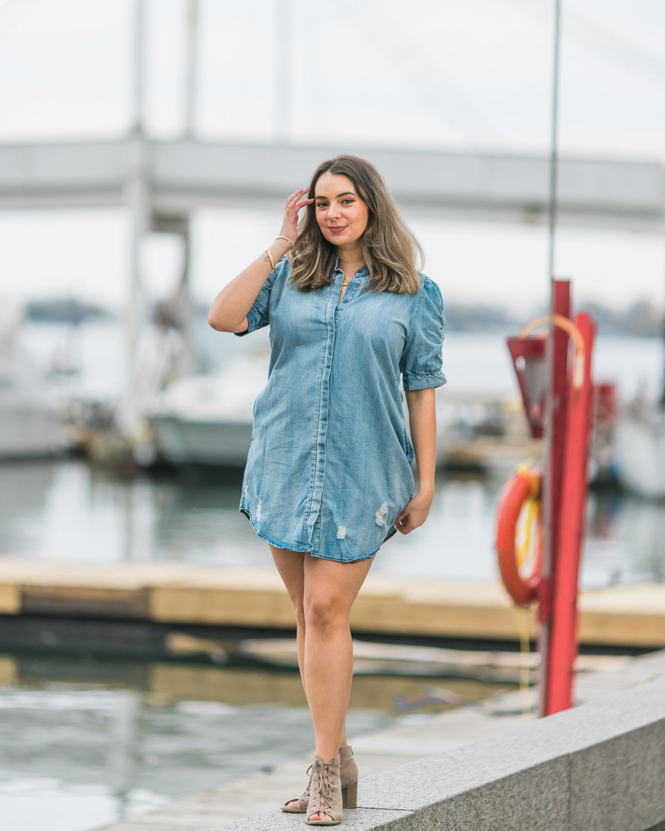 Eva washed out denim dress with shirring detail on the