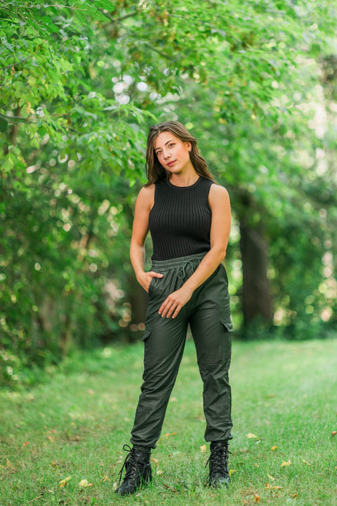 Jenny Elastic Waistband Vegan Leather Cargo Pants