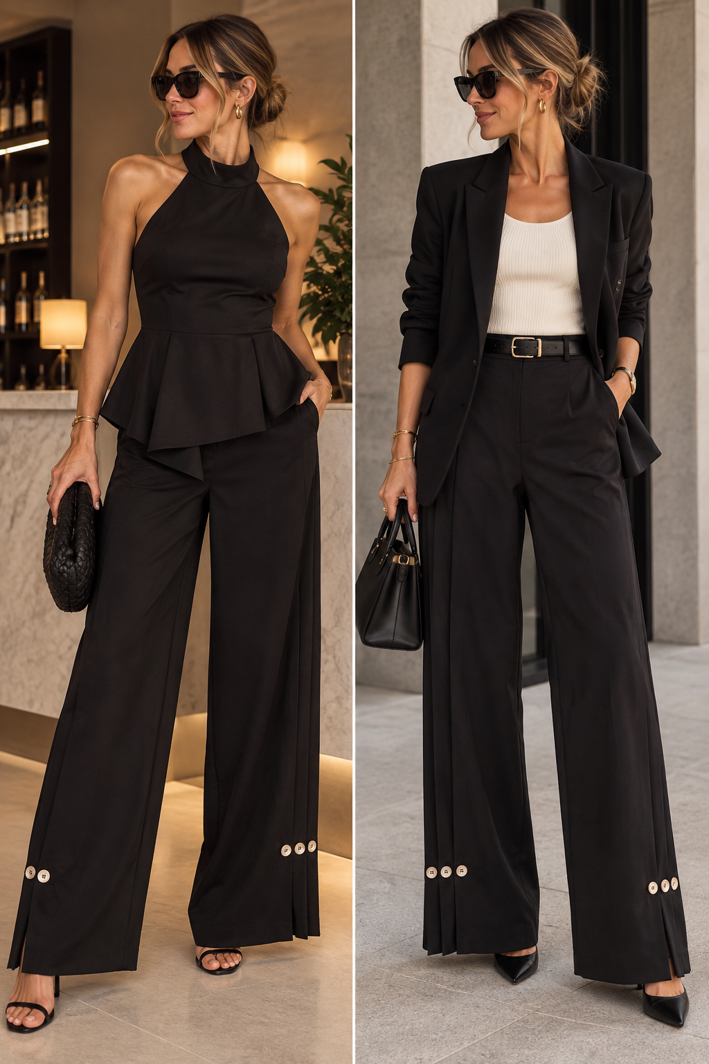 Jasmine Wide Leg Pant With Buttoned Pleat Cuffs