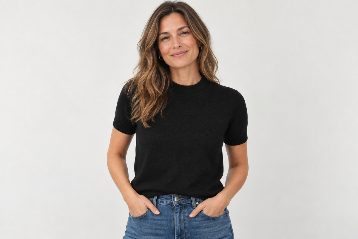 Shay Short Sleeve Knit Sweater Top With Mock Neck