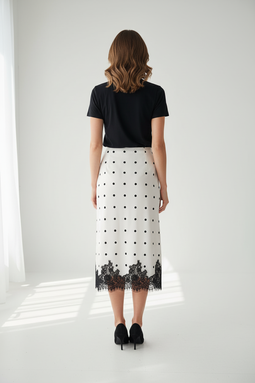 Adiana Polka Dot Midi Skirt with Lace Trim
