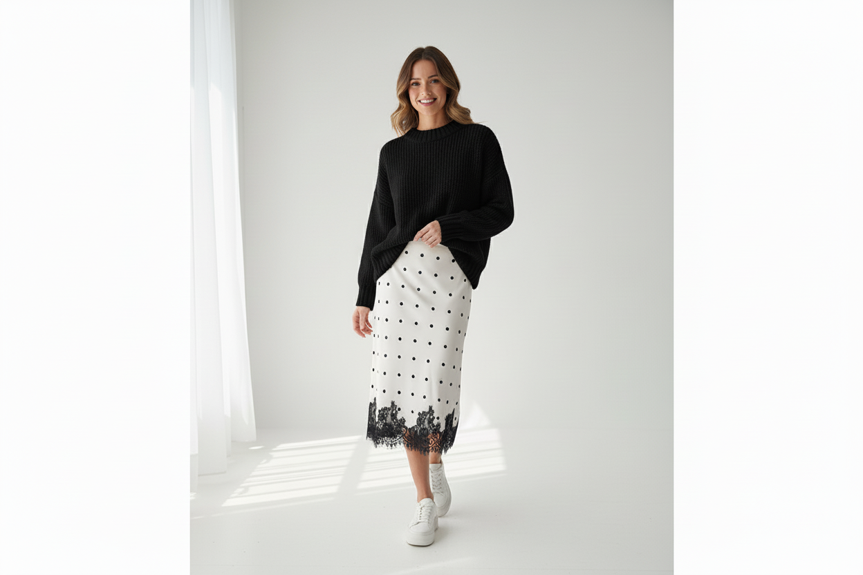 Adiana Polka Dot Midi Skirt with Lace Trim