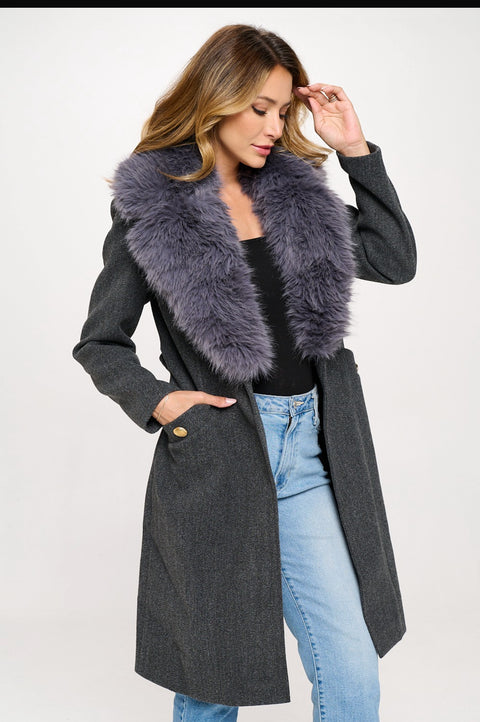 Luna Belted Vegan Wool Coat with Removable Fur Cuffs and Collar