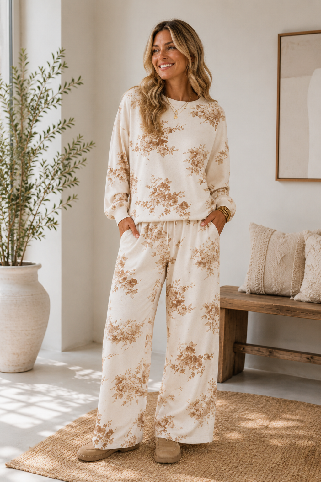 Asti Floral Toile Wide Leg Knit Lounge Pant