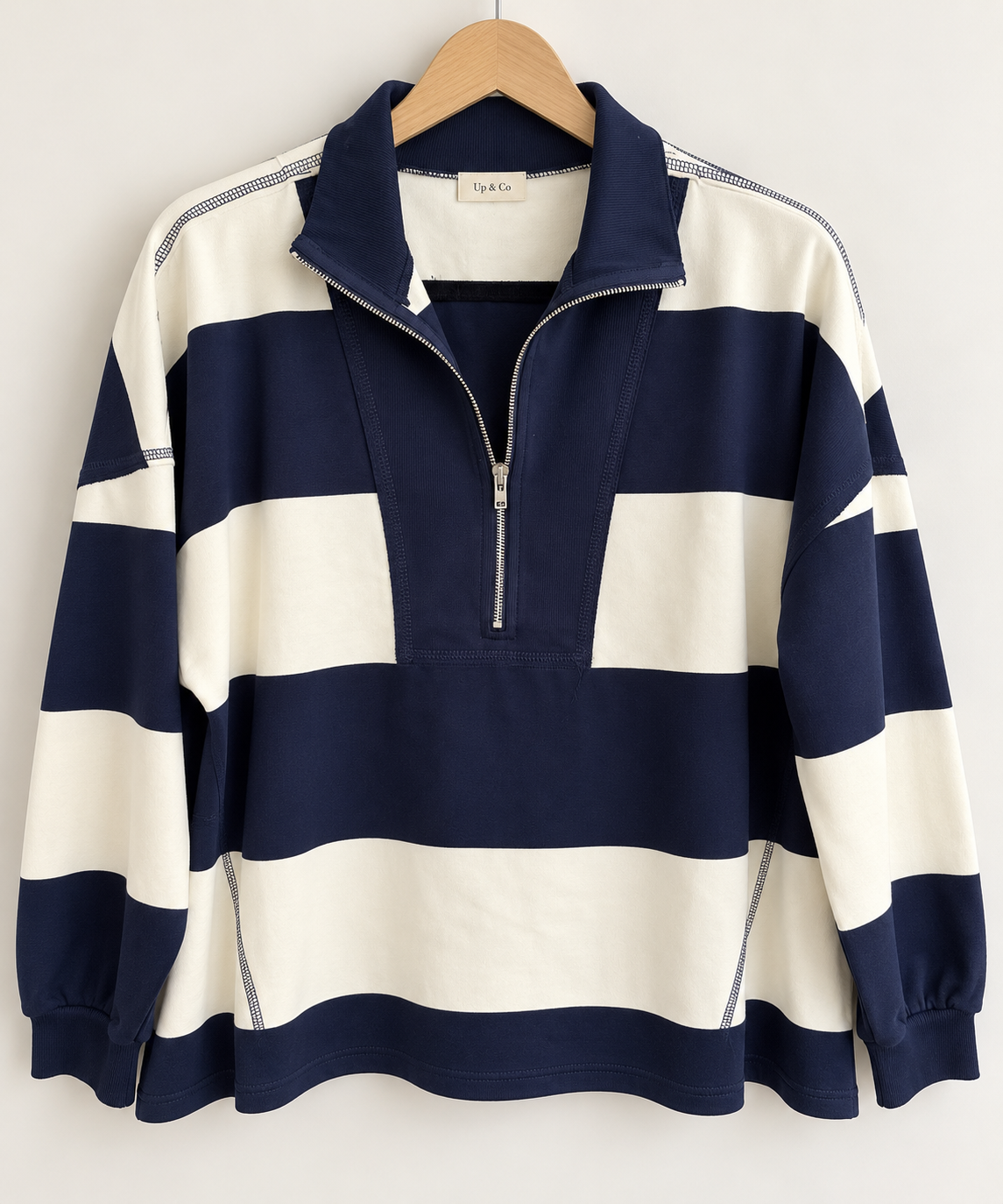 Priyanka Wide Stripe Half Zip Long Sleeve Knit Top