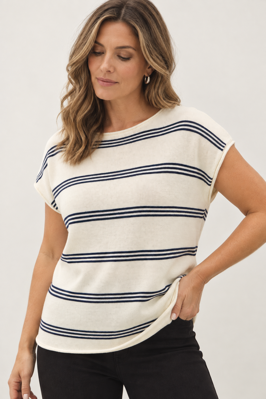 Kysha Ultra Soft Triple Striped Cap Sleeve Knit Sweater Top