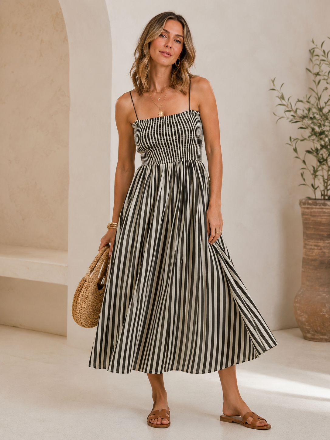Gianna Striped Smocked Midi Dress