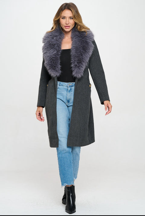 Luna Belted Vegan Wool Coat with Removable Fur Cuffs and Collar