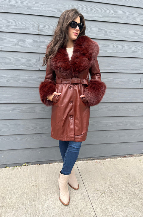 Marseille Long Vegan Leather Coat with removable Faux Fur Collar and Cuffs