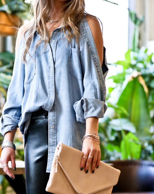 Jayce open sleeve washed out button down denim shirt